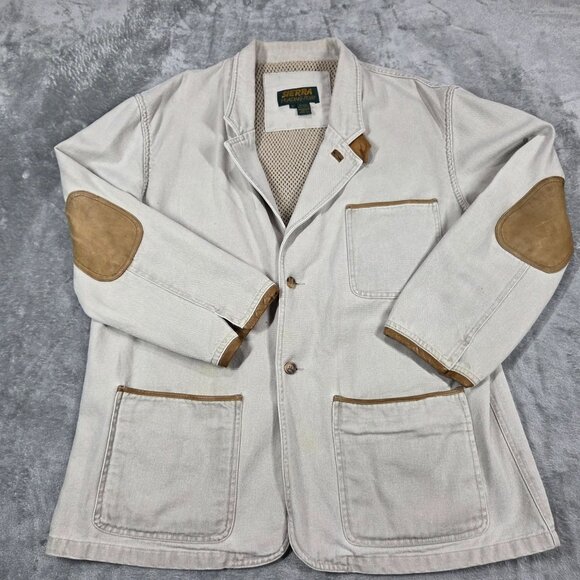 Vtg Sierra Trading Post Jacket Mens Large Beige Canvas Safari Hunting Chore Coat - Picture 2 of 16